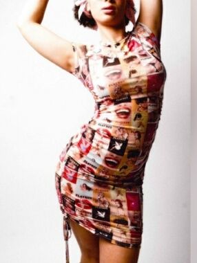 NWOT Playboy Graphic Photo Bodycon Short Sleeve Mesh Dress. Lined. Ruched. M.